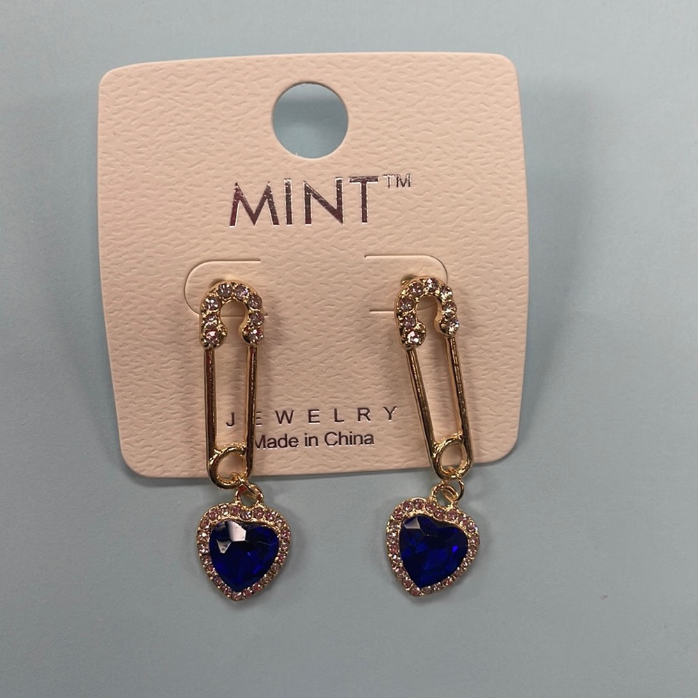 Blue heart safety pin earrings